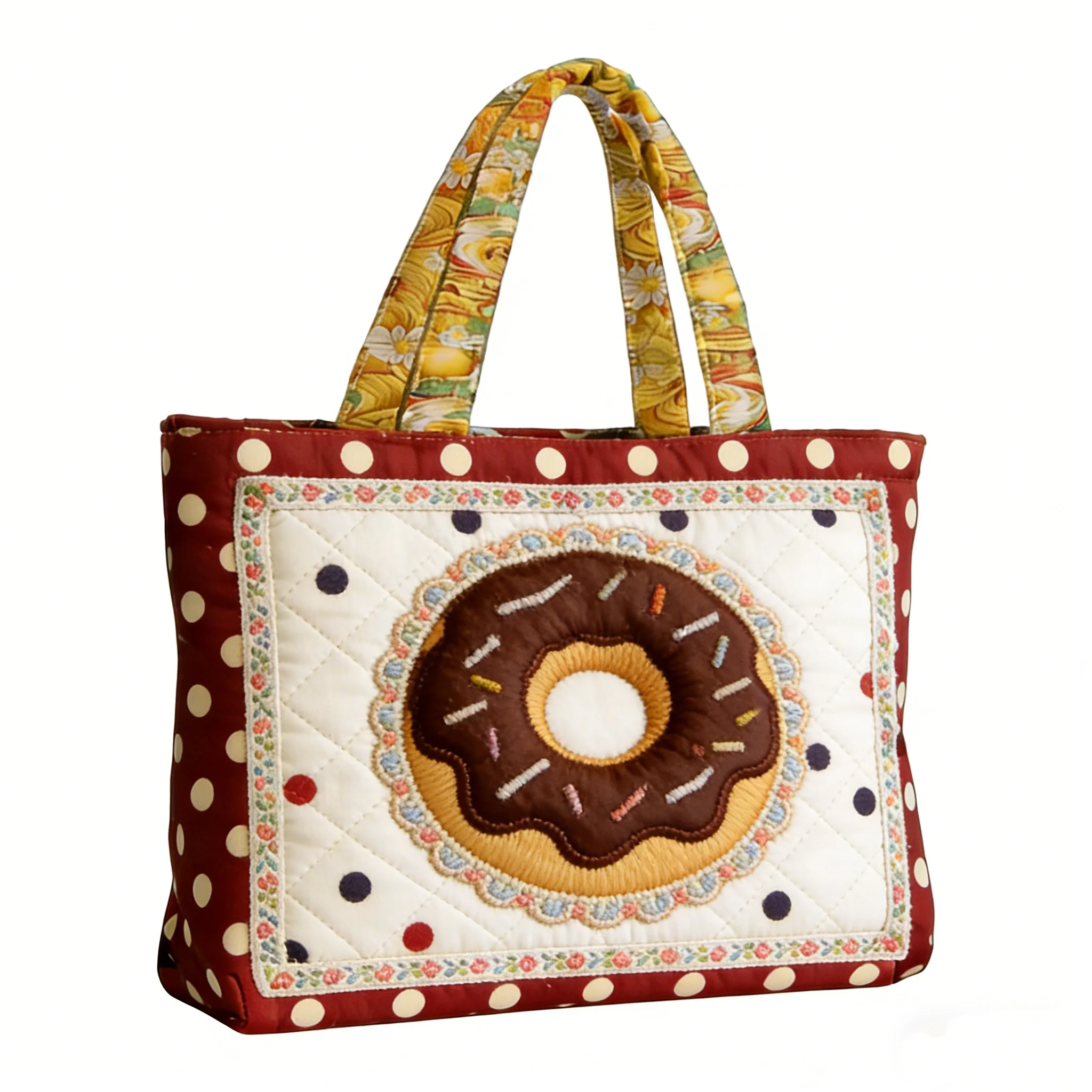 Retro Donut Printing Handbag Patchwork Valley Quilted Tote Women's Casual Shoulder Bag Stylish Shopping