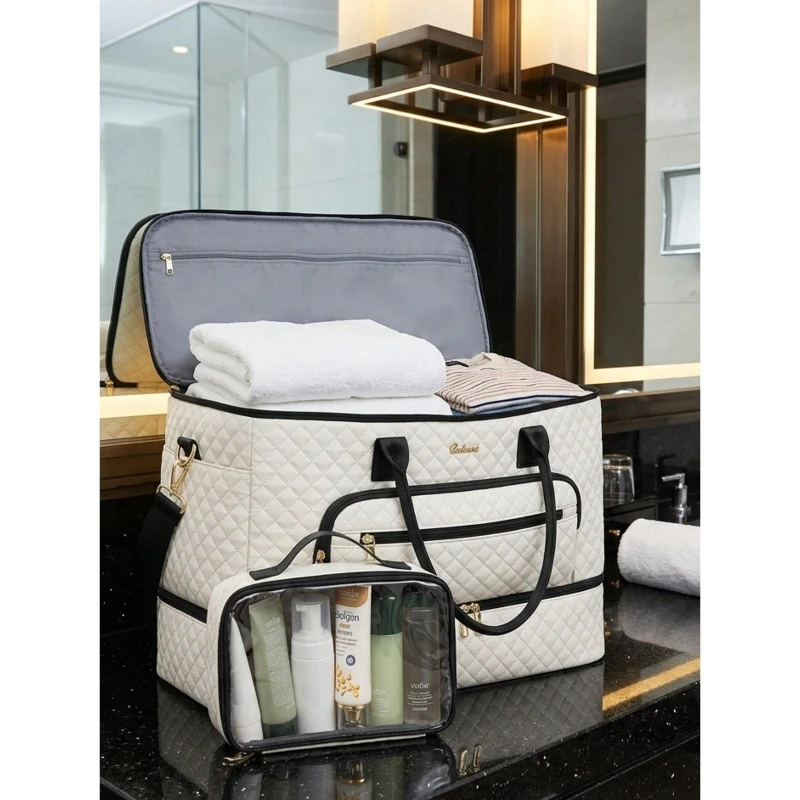 2 Piece Travel Duffle Bag Set Wide Open Large Weekender with Shoe Compartment Carry On Overnight Toiletry Bag