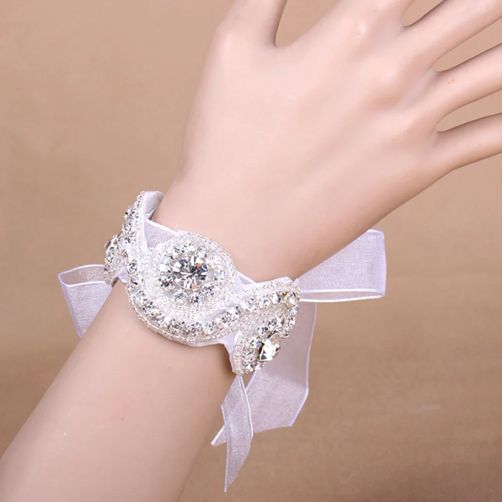 

Rhinestone Crystal White Bridal Wedding Wrist Flower Band Perfect Dance Party Flower Wrist Bracelet for Bridesmaids