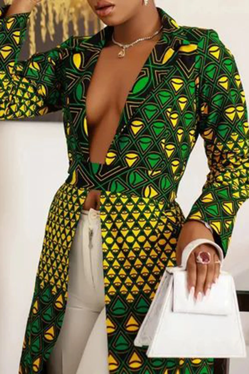 Camicette divise a maniche lunghe con scollo a V verde africano casual da lavoro taglie forti 2025 da donna