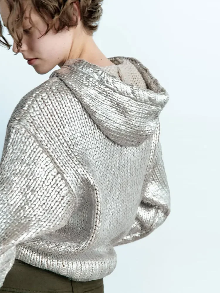 TEELYNN Silver Casual Long Sleeve Hooded Sweater for Women Vintage Metal Coated Knitted Loose Sweatshirt Boho Pullover Jumper