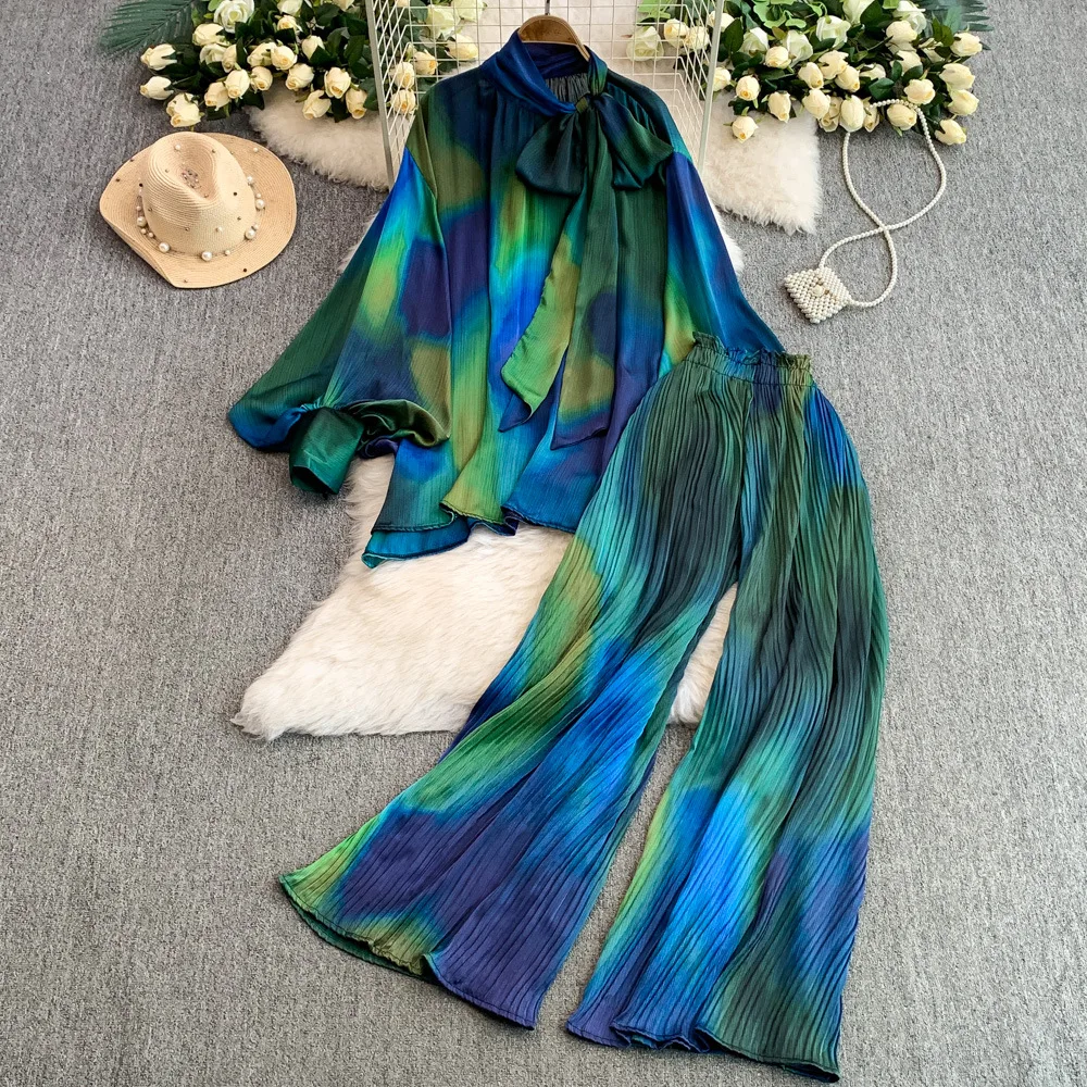 

Faionable Light Mature adient Tie Dye irt Wide Leg Pants Two Piece Set Women's Spring Autumn Winter Long Sve Stand C...