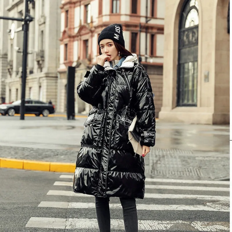 

2023 New Women Down Jacket Winter Coat Female Black Hooded Parkas Bright Face White Duck Down Outwear Medium Length Overcoat