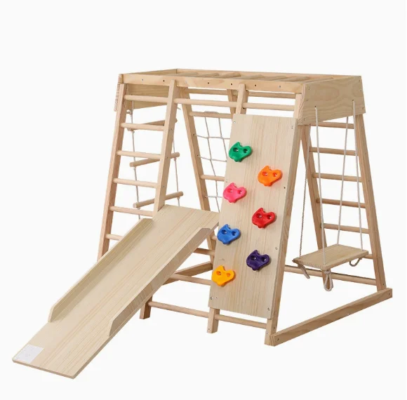 

Indoor Wooden Slide Swing Set Wooden Climbing Frame and Climbing Nets Crawl Wooden Climbing Ladder