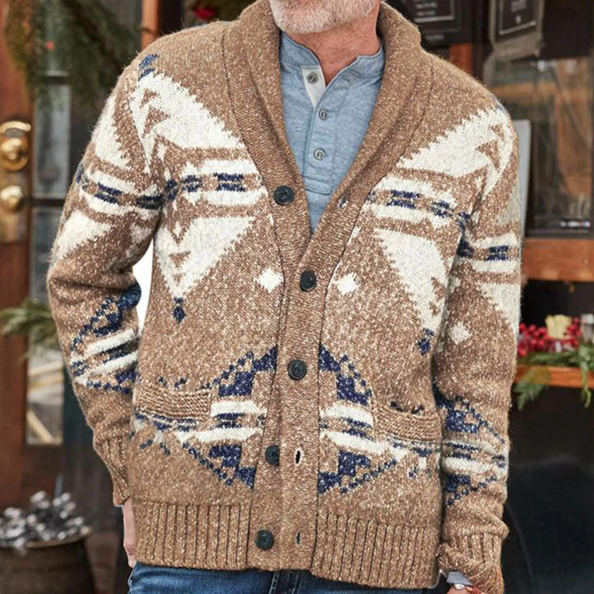 Men's clothing European and American autumn and winter luxury fashion retro jacquard sweater casual versatile woolen jacket top