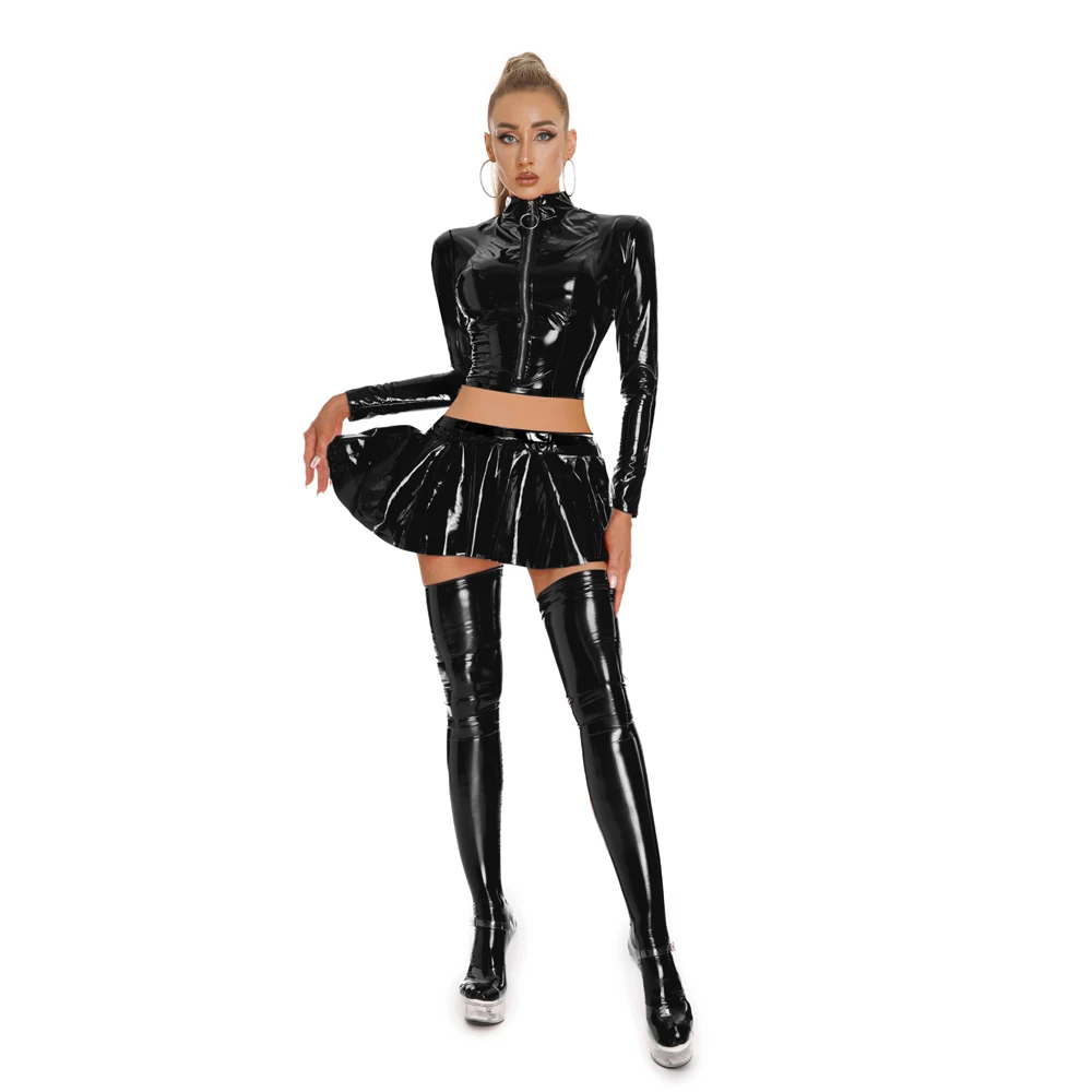 Wet-Look-PVC-Langarm-T-Shirt, Crop-Top, glänzende PU-Lederjacke, kurzes T-Shirt, Cosplay, A-Linien-Rock, Micro-Mini-Röcke, Clubwear – Detail 10
