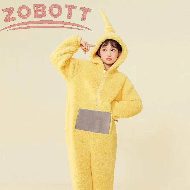 بيجامة قطيفة من قطعة واحدة من كارتون تليتبيز للأولاد والبنات والبالغين والآباء ملابس منزلية سميكة ودافئة