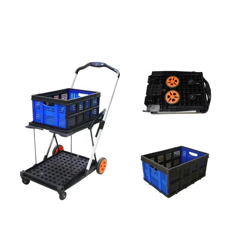 Double Decker Folding Cart Trolley Light Duty Aluminum Cargo Transport Cart with Storage Crate