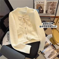 Temperament Solid Color Bow Patchwork Short Cardigan Autumn Long Sleeve Knitting Youth Korean Tops Fashion Sweet Women Clothing