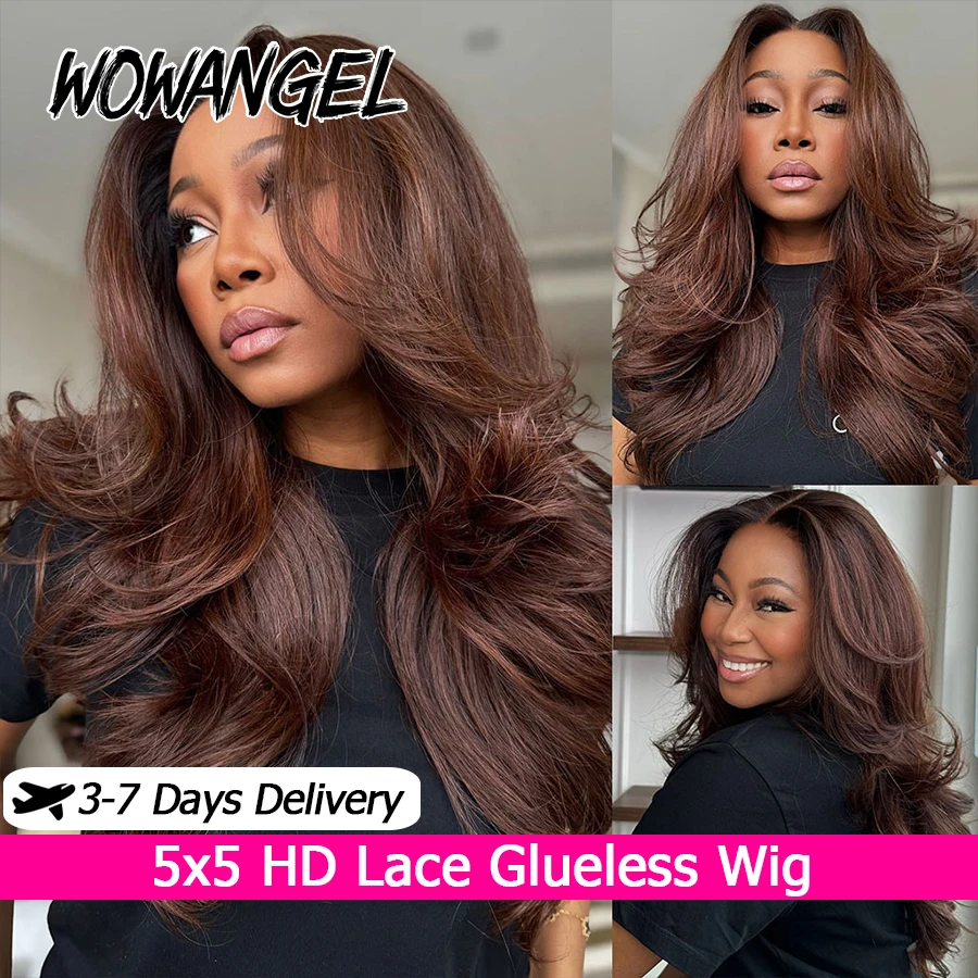 

Парики из натуральных волос Wow Angel 5x5 HD Lace Closure, шоколадно-коричневые, с эффектом Body Wave, без клея, готовые к носке, для женщин.