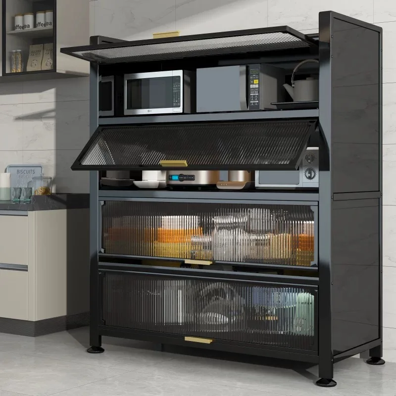 Mueble de Cocina Metálico Multifuncional con Puertas Abatibles, Soporte para Microondas y Alacena para Platos, Utensilios y Electrodomésticos
