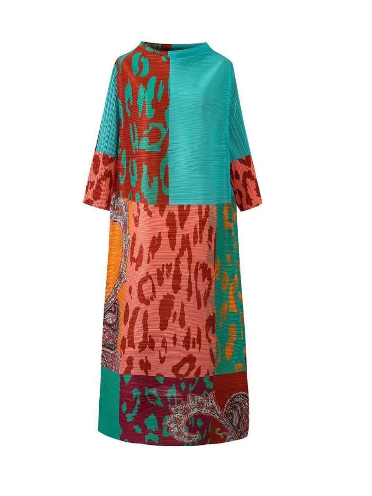 ANLAN Miyake Pleated Printed Dress Color Contrast Long Sleeved Relaxed Women\'s Long Casual Party Dresses for 2024 New 9AN3715