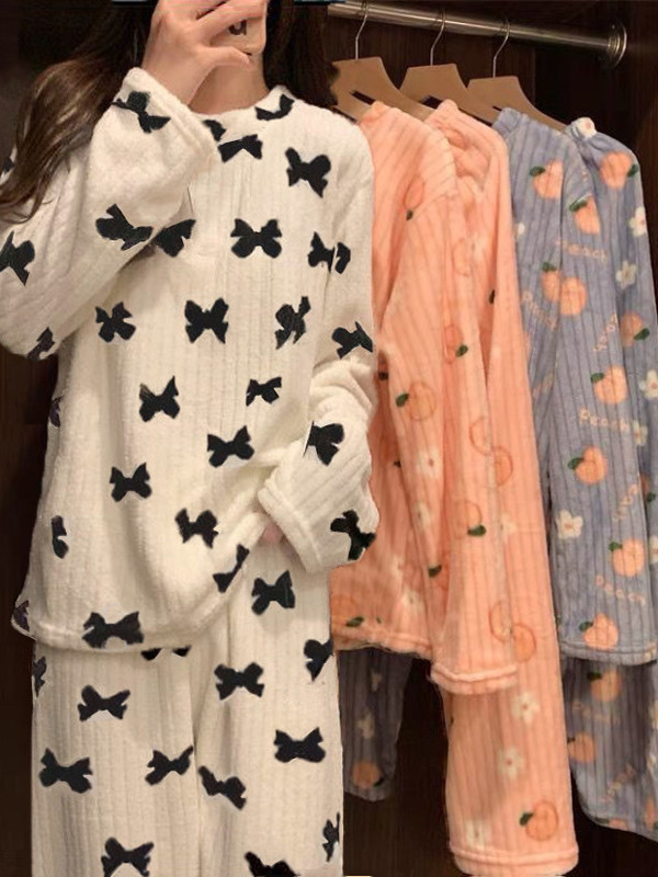  Adorable Sweet Coral Fce Women's Spwear Set Warm Home Clothes Long Sve round Ne Print Long Pants Thi Autumn Winter 