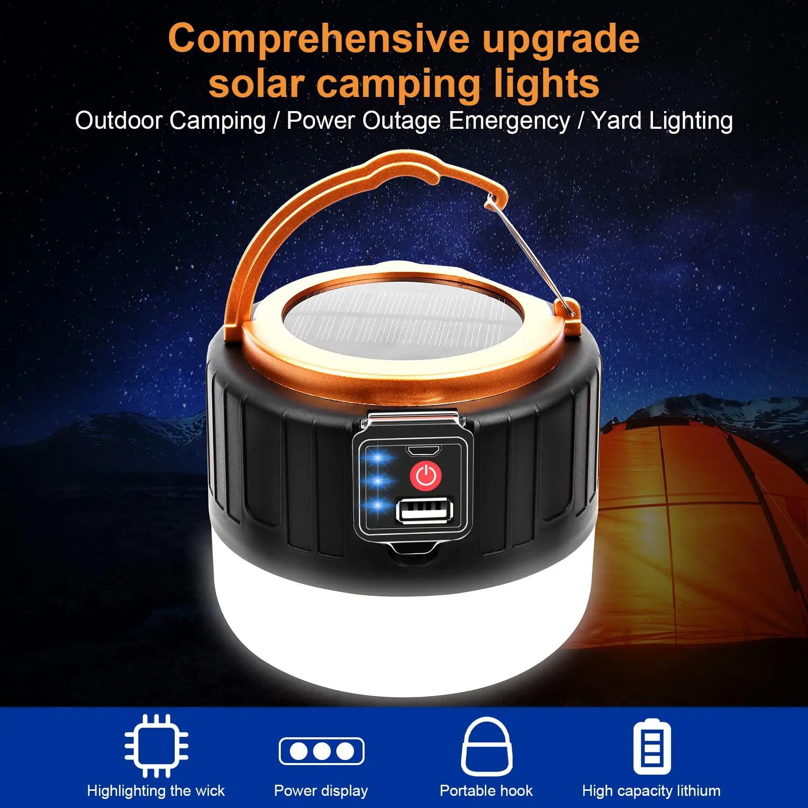 Rechargeable LED Light Camping Light Outdoor Solar Light Bulb 3 Mode Tent Lamp Portable Lantern Night Emergency Bulb Flashlight