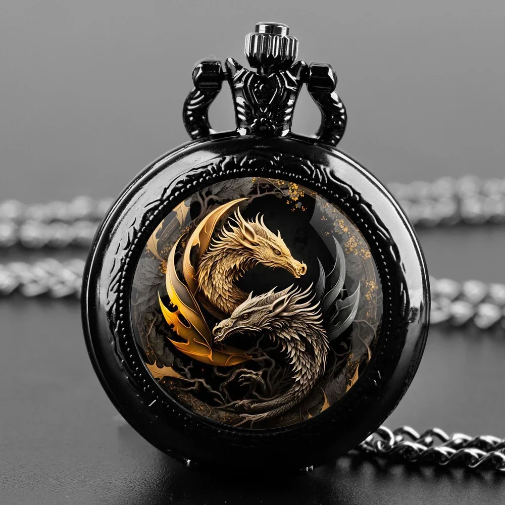 Relógio de bolso dragão Yin-Yang - movimento de quartzo, mostrador redondo, presente de lembrança de colar de bronze exclusivo
