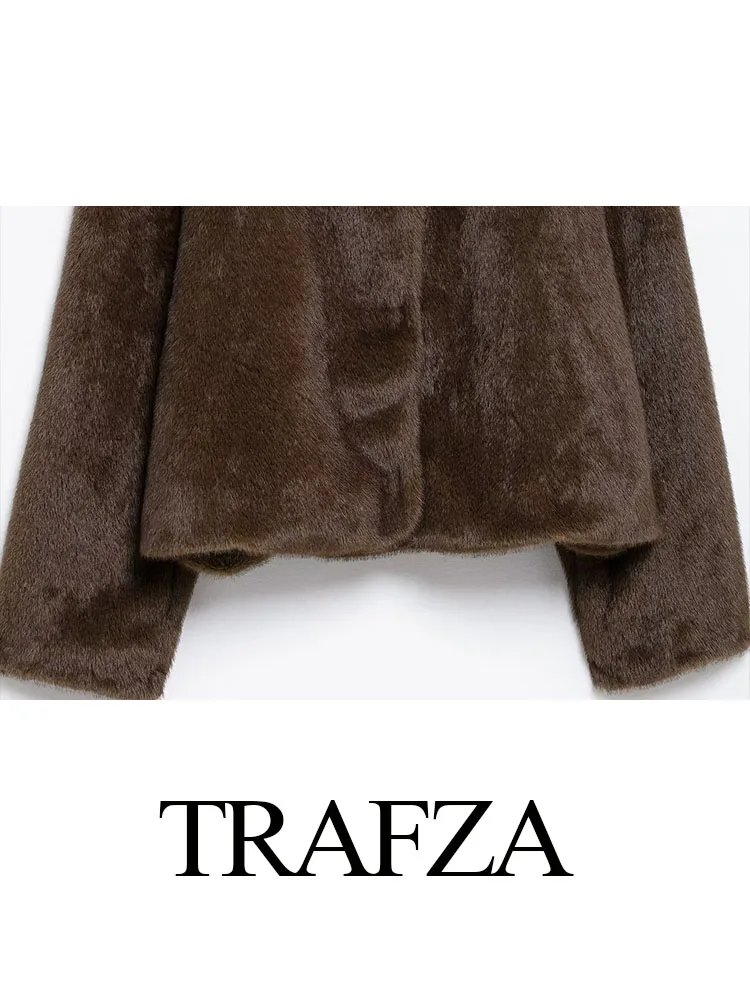 TRAFZA Cappotti da donna moda invernale Marrone O-Collo maniche lunghe Spilla a fiori Decora giacche calde casual monopetto femminili