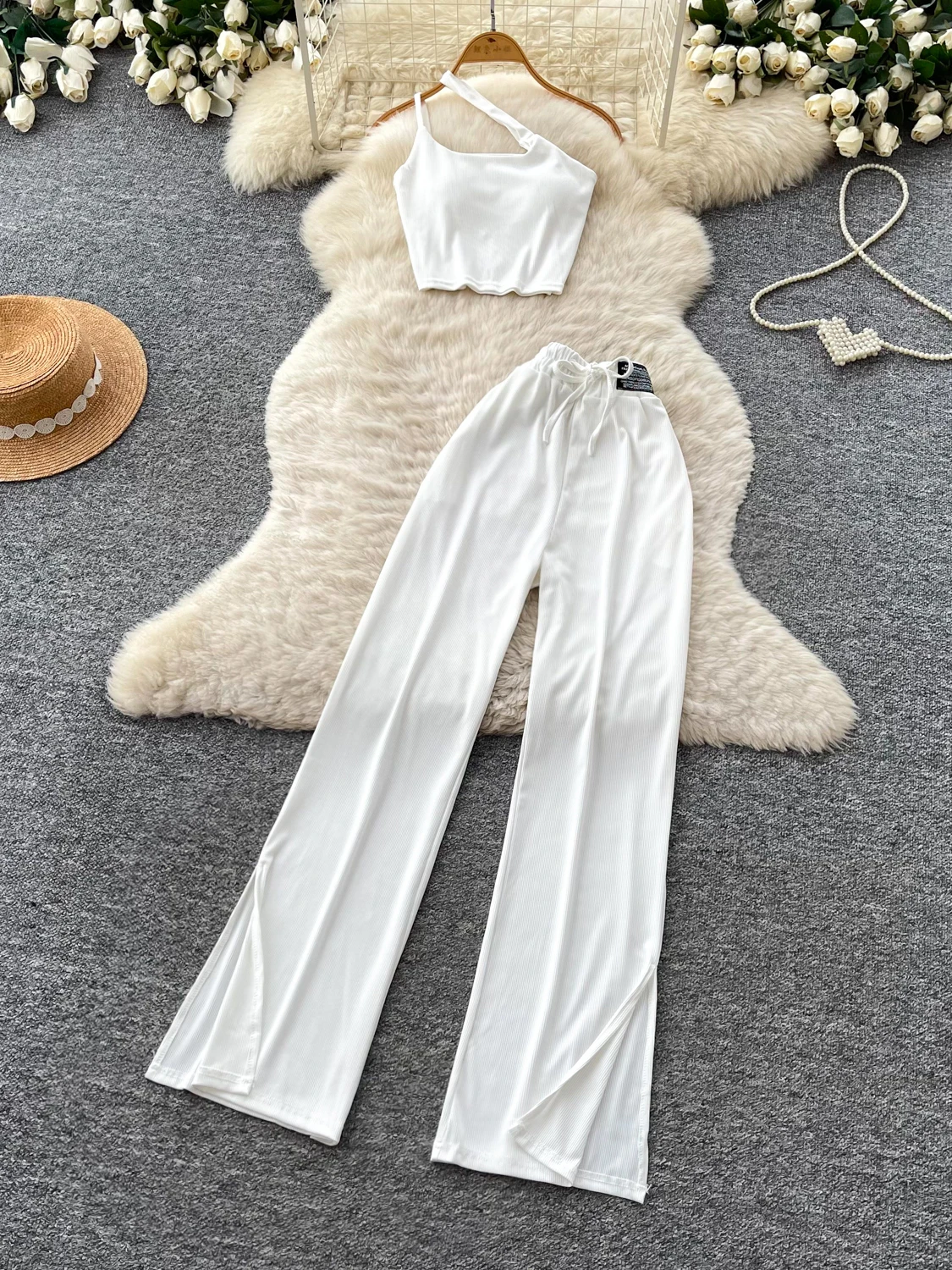 

Slim Fit Vest And Wide Leg Pants Two Piece Set Women's Summer Slimming High End Feeling Elegant Commute Style Fashion Set