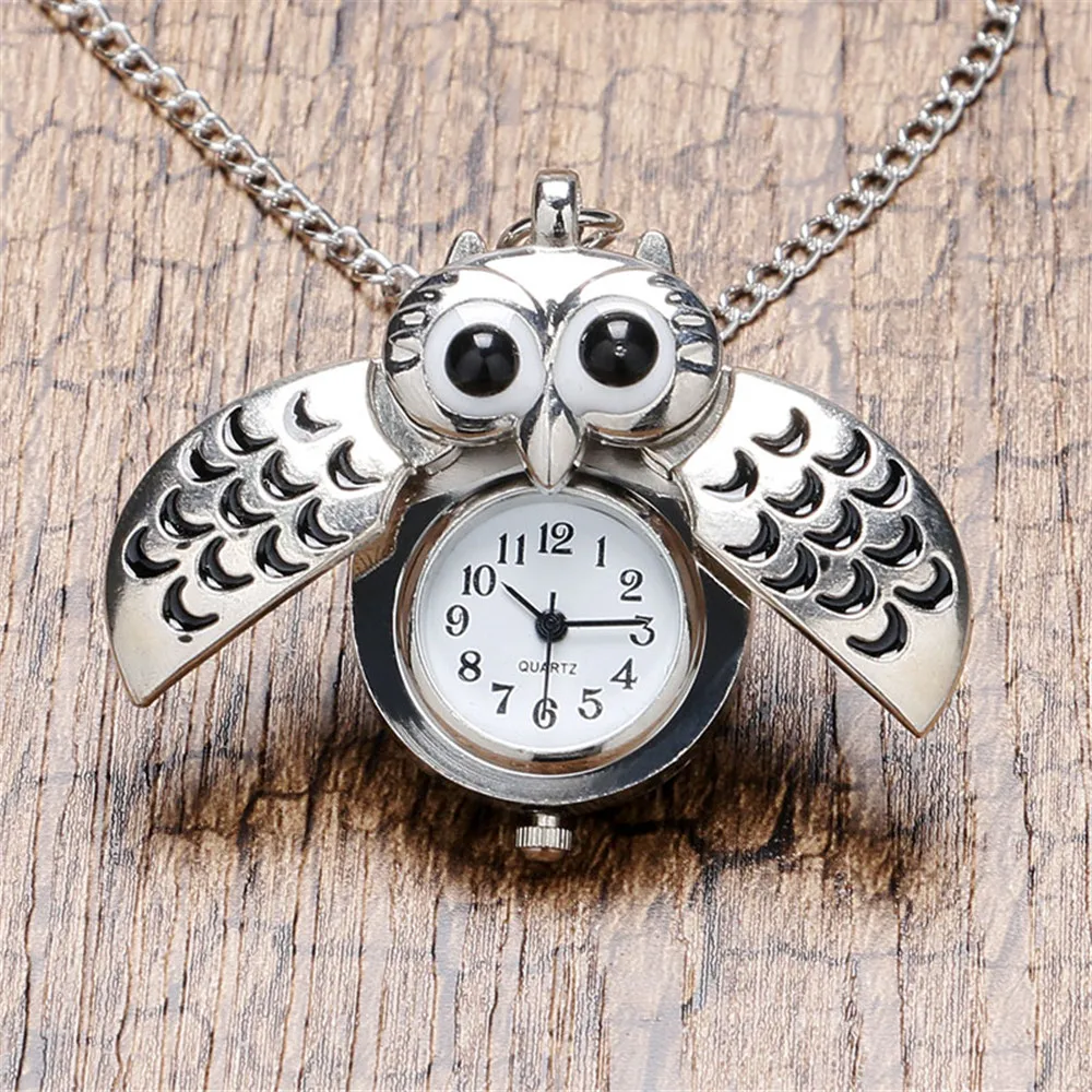 Tiny Cute Bronze/Silver Vintage Night Owl Quartz Pocket Watch Necklace Pendant Clock Gift for Kids Women