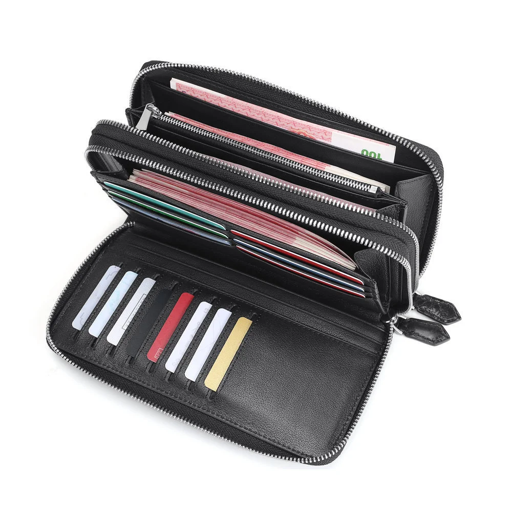 Men\'s Genuine Leather High Quality Luxury Business Wallet Trend Double Zipper Clip Bags Leisure Clutch Bag Fashion Black Purse