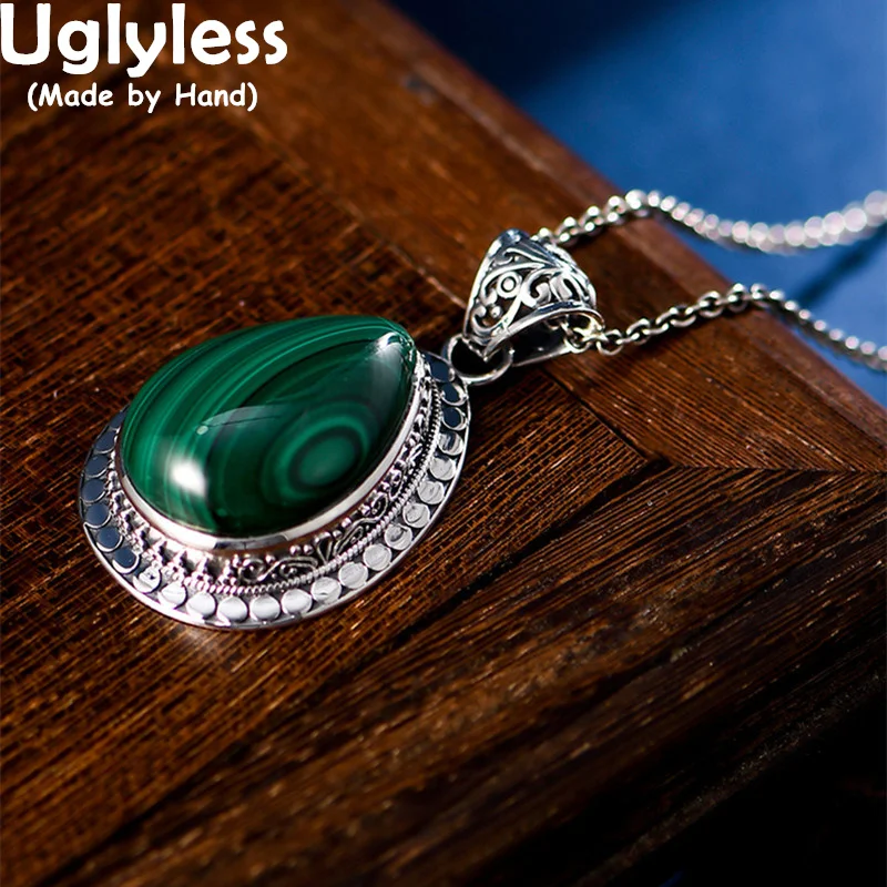 

Uglyless Exotic Nepal Stylish Vintage Malachite Pendants for Women Water Drop Elegant Gemstones Necklaces 925 Silver NO Chains