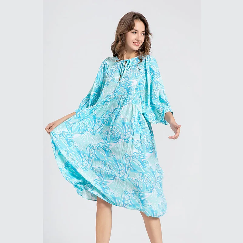 Boho Style Vintage Floral Long Dress Women Fashion Streetwear Puff Sleeve Patchwork Pleated Dresses Casual Vacation Beach Dress