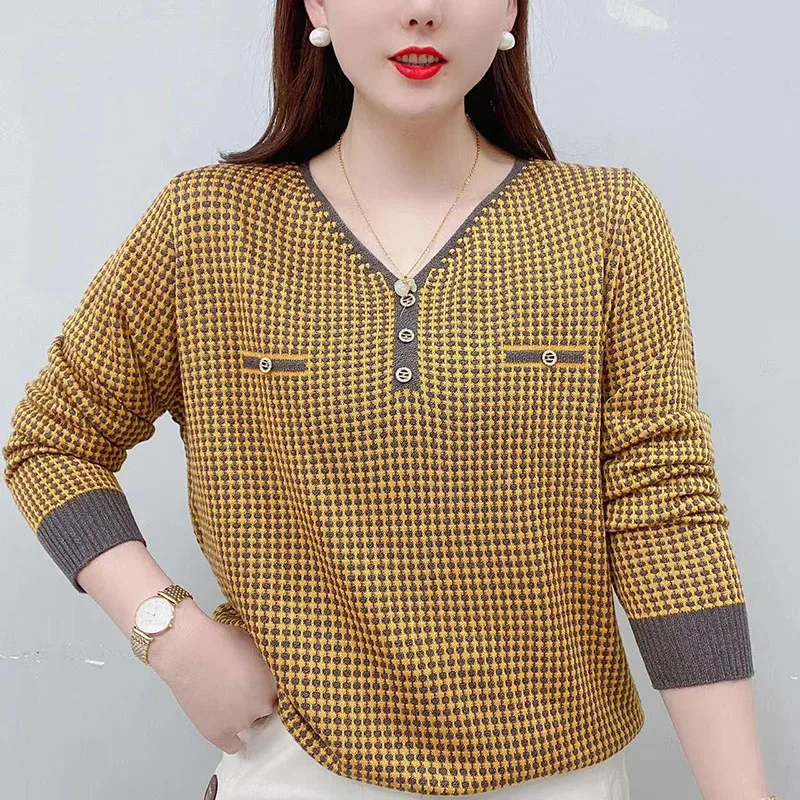 

Fashion V-Neck Spliced Button Plaid Blouse Women's Clothing 2023 Autumn Winter New Oversized Casual Pullovers Commuter Shirt