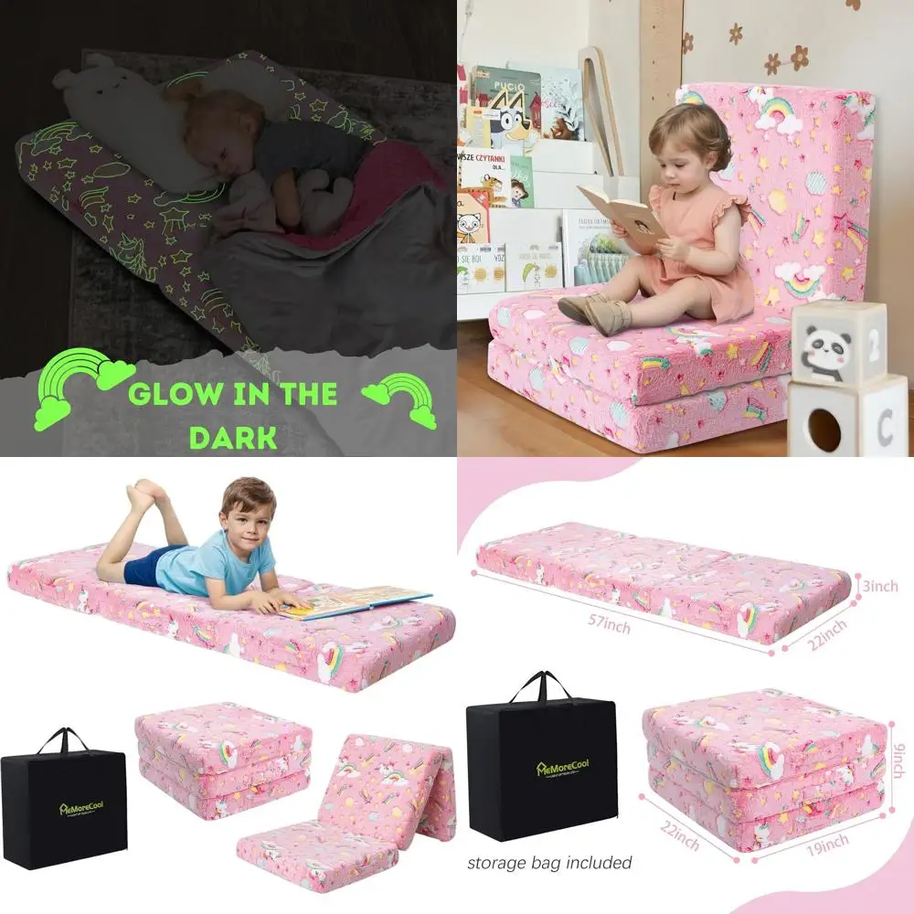 휴대용 핑크 유니콘 접이식 매트리스, 유아 낮잠 매트, 데이케어 수면용 푸톤, 57x22 인치
