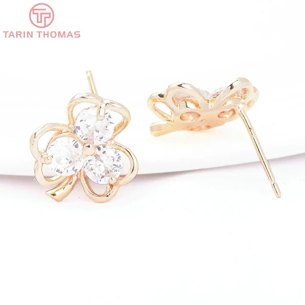 (8214) 4PCS 12x13.5MM 24K Gold Color Brass with Zircon Clover Shaped Stud Earrings High Quality DIY Jewelry Findings Accessories