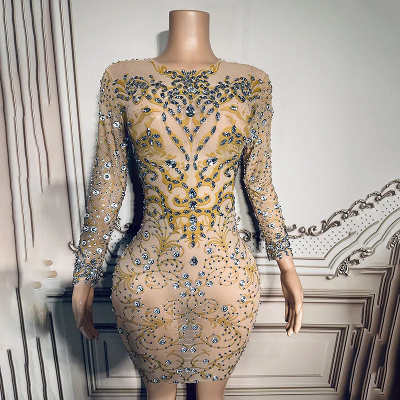 

Performance Clothes Birthday Clothing Diamond Nightclub Bar Female Singer Full Mesh See-through Hip Wrap Long Sleeve Short Skirt