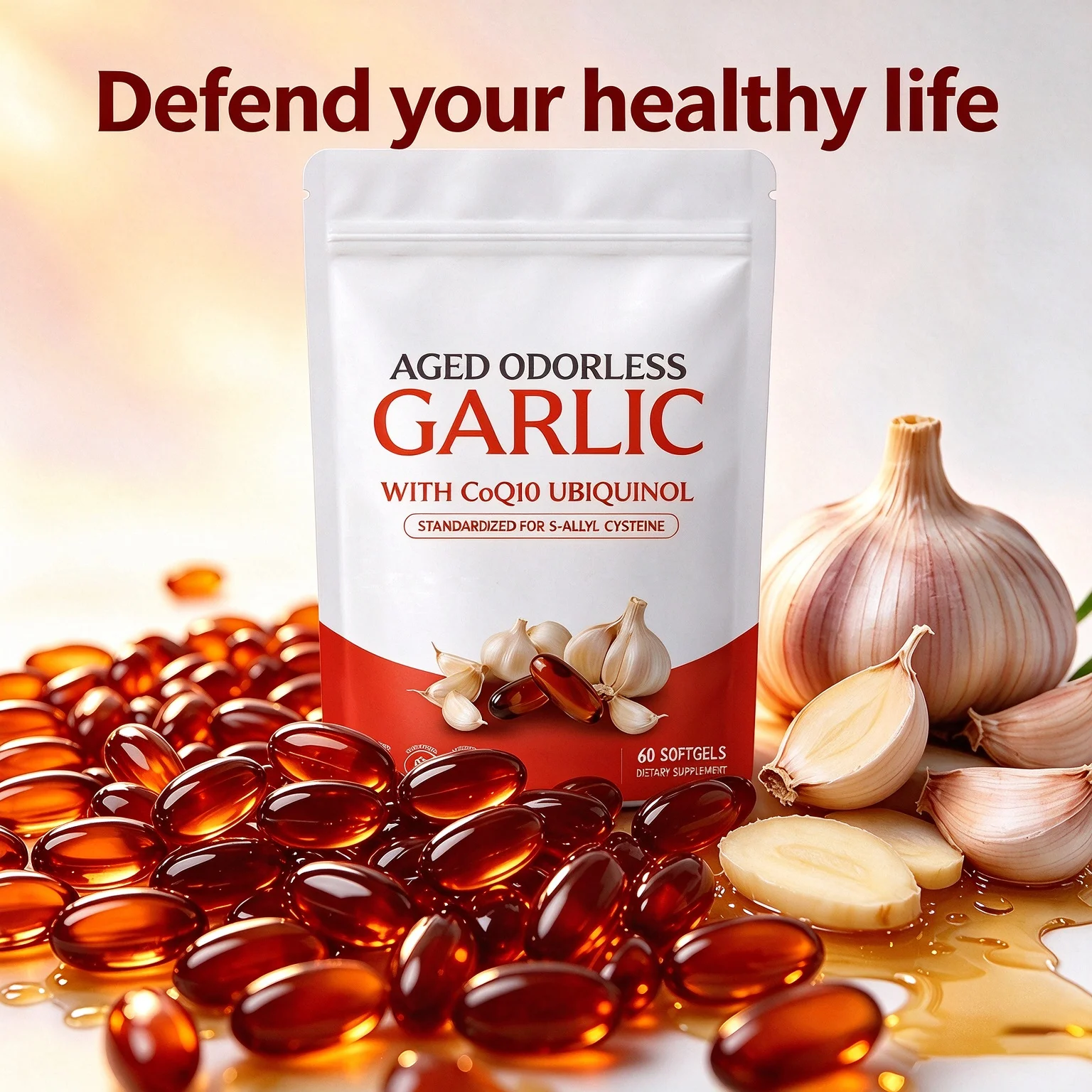 Odorless Aged Garlic Extract Capsule Ubiquinol Heart Health Support Dietary Supplement for Cardiovascular Wellness 60 Softgels
