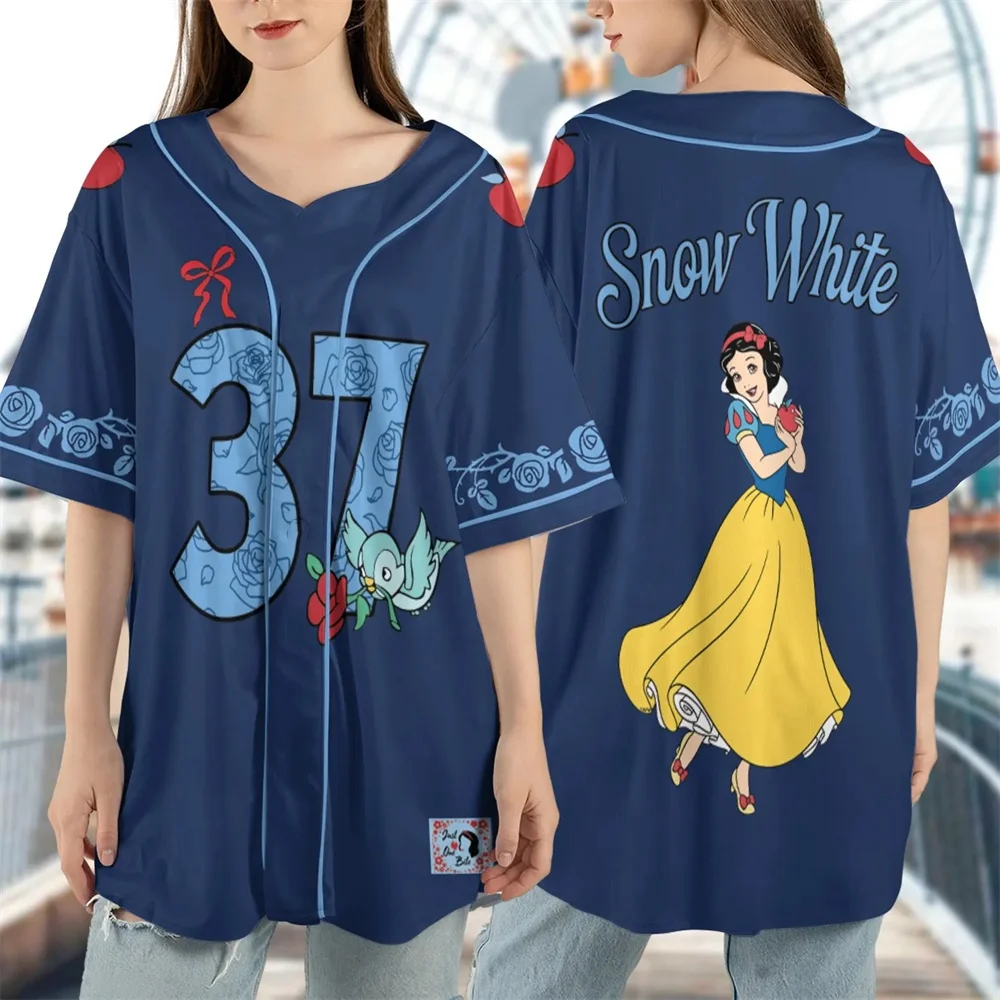 حفلة أميرات ديزني اختر الأميرة التي تحبها على طراز البيسبول، ملابس عائلية متطابقة، أكمام قصيرة مطبوعة برسوم كارتونية عالية الجودة
