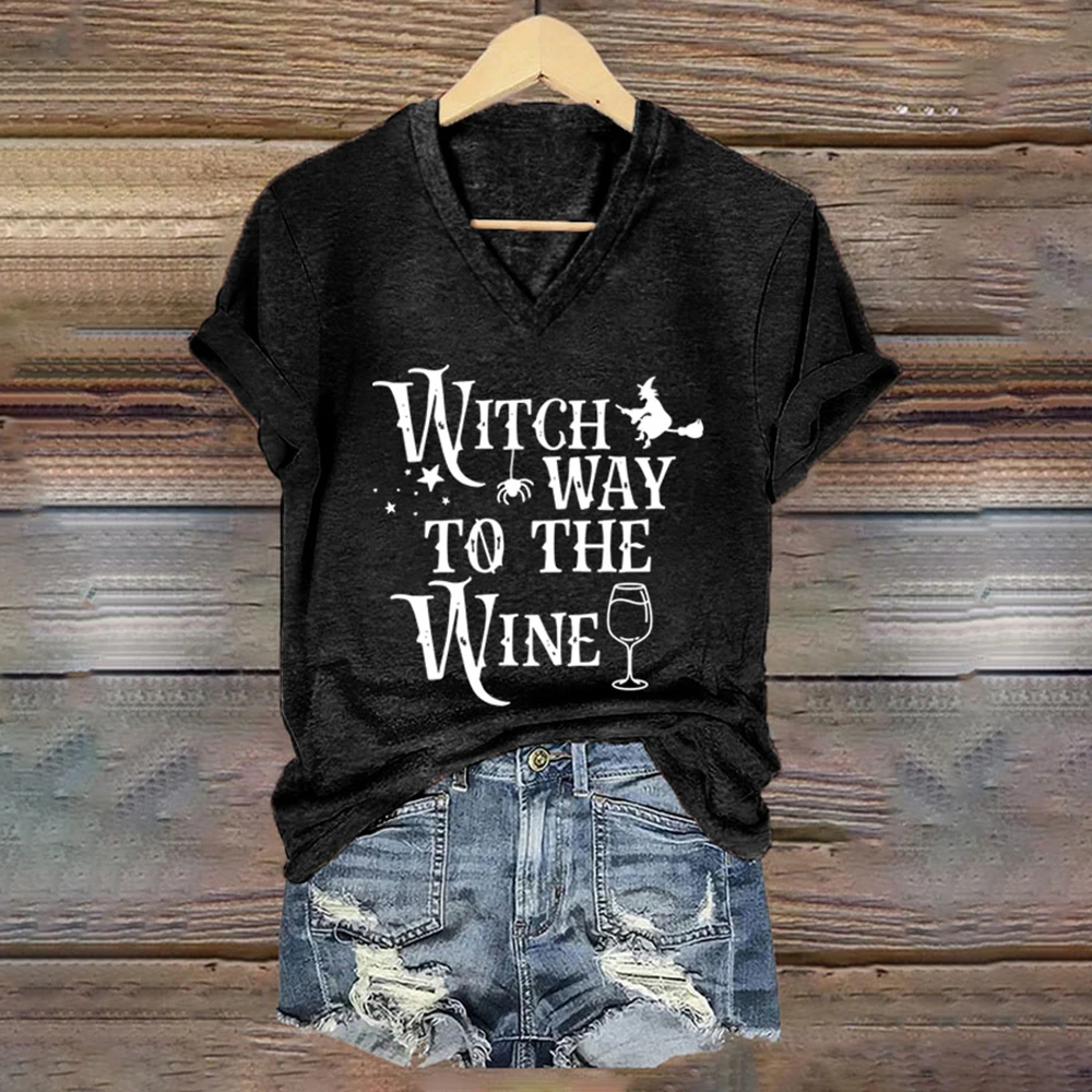 A Witch Riding A Droomstick Funny Pattern Letter V-neck Women T-shirts Fashion Street Short Sleeves Trend T shirt Tops Pullover