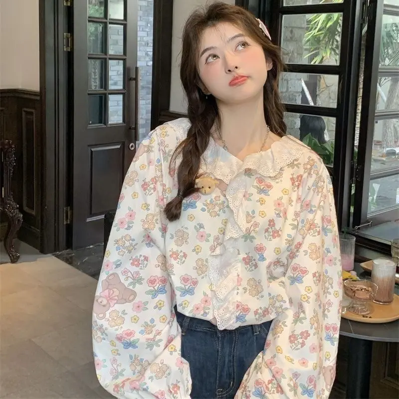 2024 New Sweet Girl Floral Shirt Summer Versatile Design Lace Long-sleeved T-Shirts Loose Casual Women Clothing Kawaii Y2k Tops