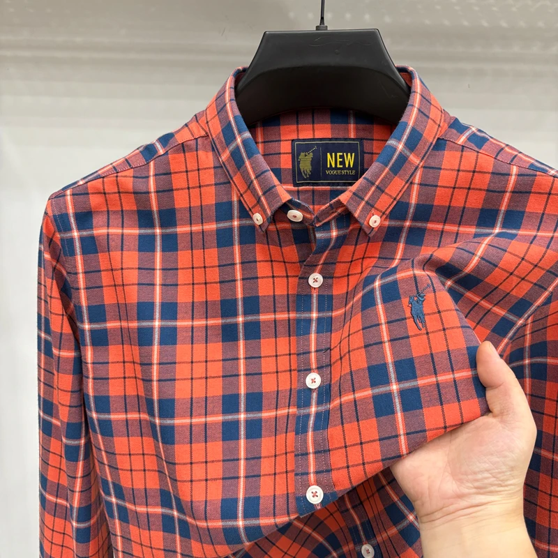 

100% Cotton Long Sleeve Shirt for Men, Fall New Arrival, Lapel Embroidered Horse Logo, Fashion Casual Plaid Shirt