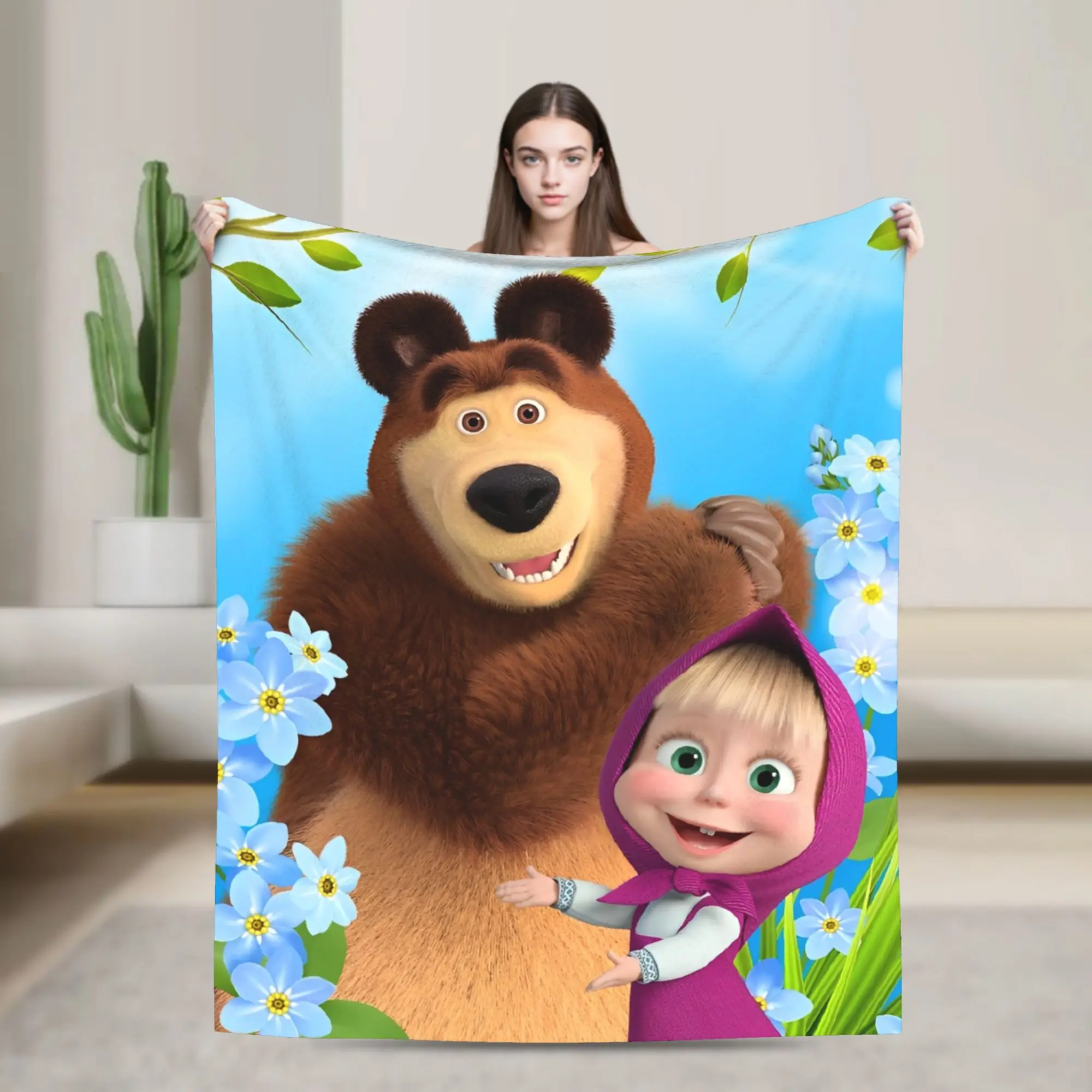 Manta de dibujos animados m-asha y oso, manta cálida y divertida de felpa para decoración del hogar, colcha de franela para viaje y oficina
