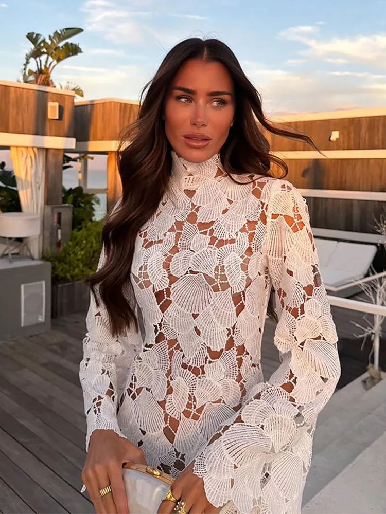 

2026 Summer Crochet Hollow-out Mini Dress Women Stand Collar Full Flare Sleeve Party Evening White Dresses Sexy Lady Vestidos