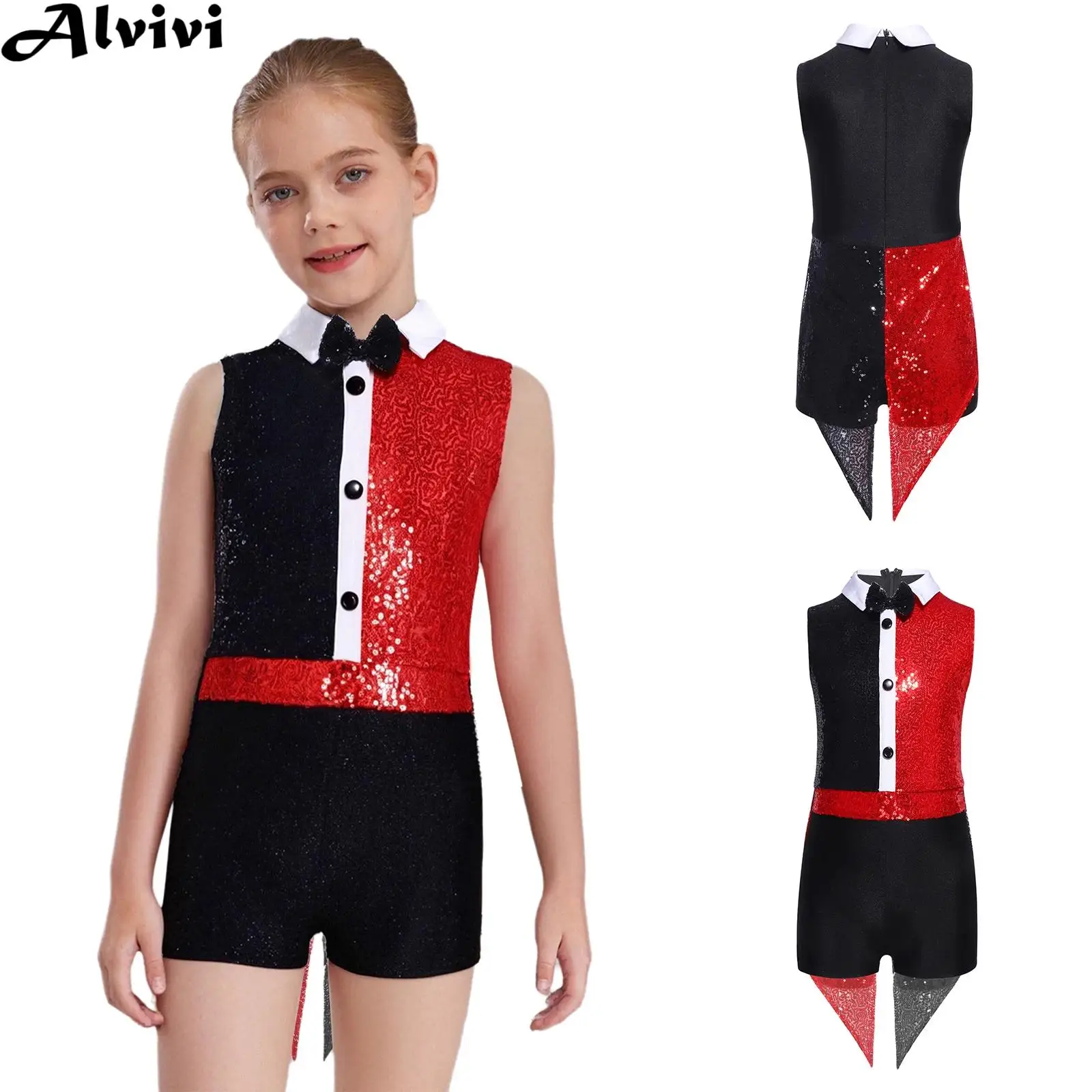 

Girls Shiny Sequin Bow Tie Circus Ringmaster Tuxedo Bodysuit Halloween Carnival Magician Showman Cosplay Performance Costume