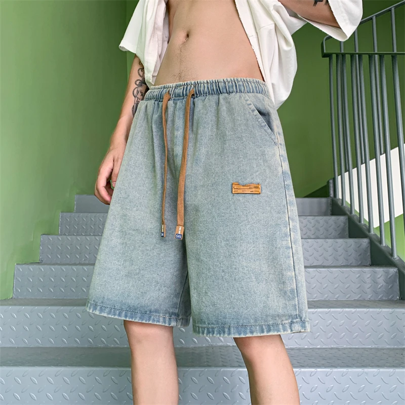 

2024 Summer Men's Fashion Solid Color Loose Denim Shorts Male Casual Baggy Short Jeans Men Streetwear Half Denim Pants F46