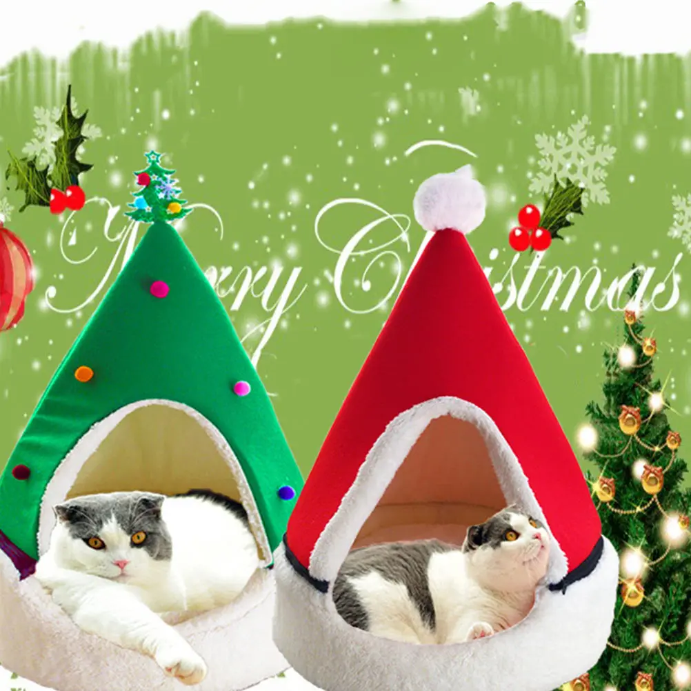 

1pc Xmas Tree Shaped Cat House Dog Bed Warm Nest Winter Pet Supplies Semi Enclosed Pet Bed For Cats Dogs Hedgehogs