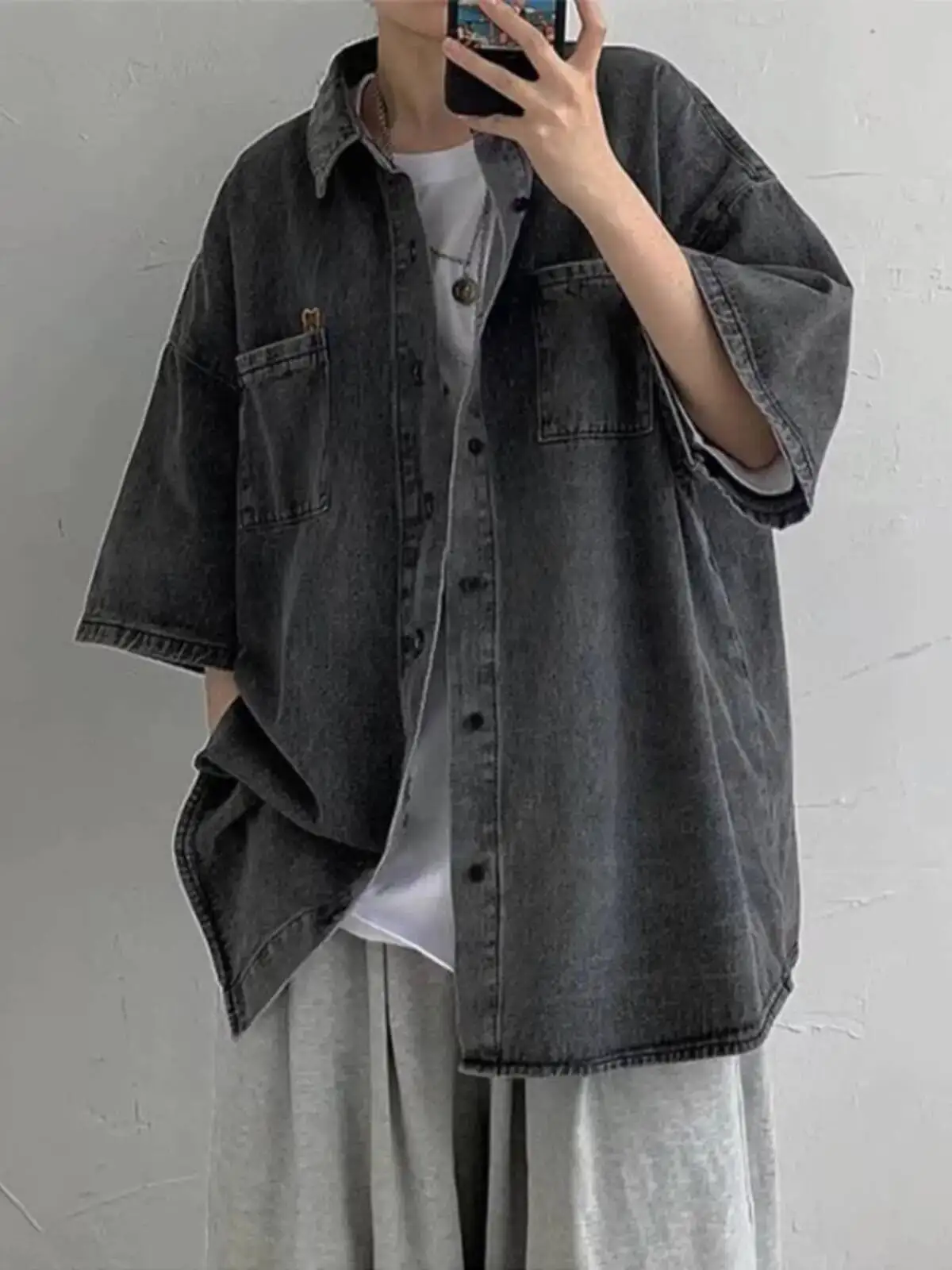 

Man Cropped Denim Jackets Lapel Button Down Trucker Jean Jacket Summer Short Sleeve Casual Coat