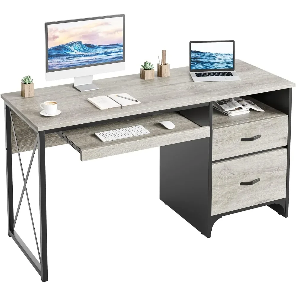 Office Desk with Drawers, 55 inch Industrial Computer Desk with Storage, Wood Teacher Desk with Keyboard Tray