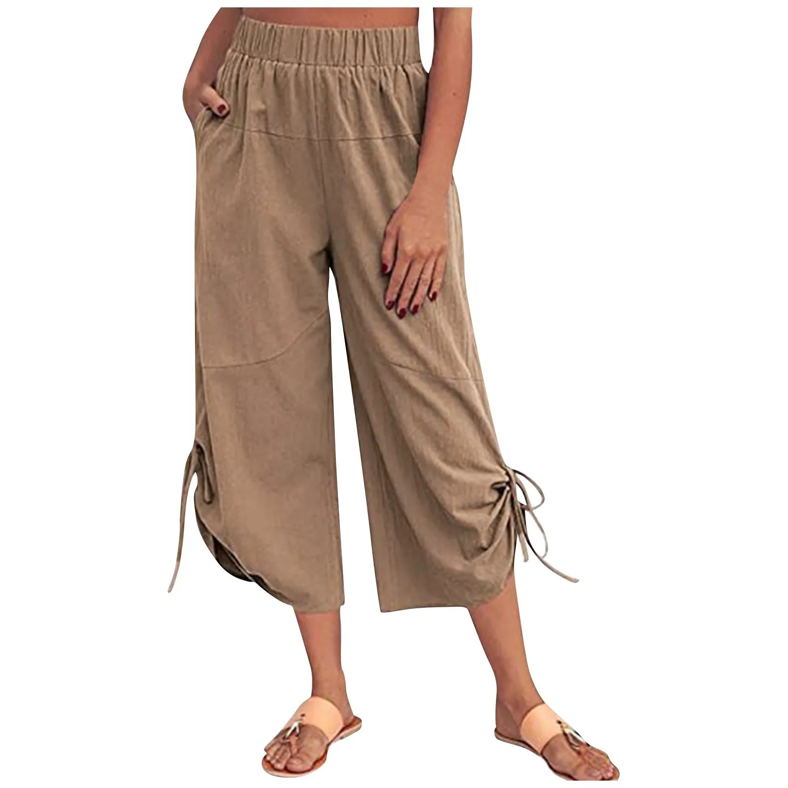 

Women'S Capri Pants Causal Loose Solid Color Elastic Waist Capri Pants Drawstring Straight Wide Leg Seventh Pants With Pockets