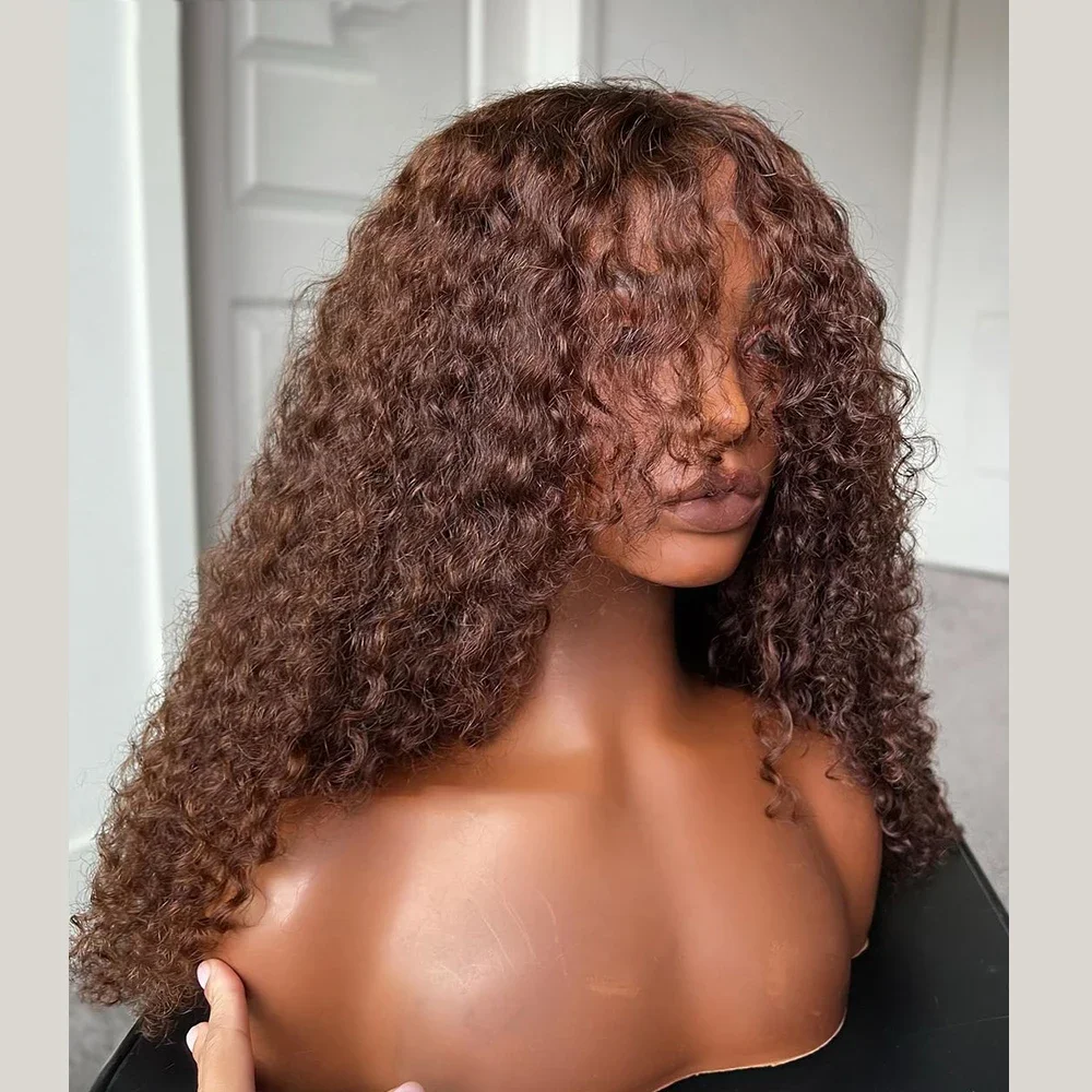 QW Synthetic Hair Kinky Curly Brown  Bangs Fringe Soft 13X4 Lace Front Wig For Women Hair Heat Resistant Fiber Cosplay  Daily