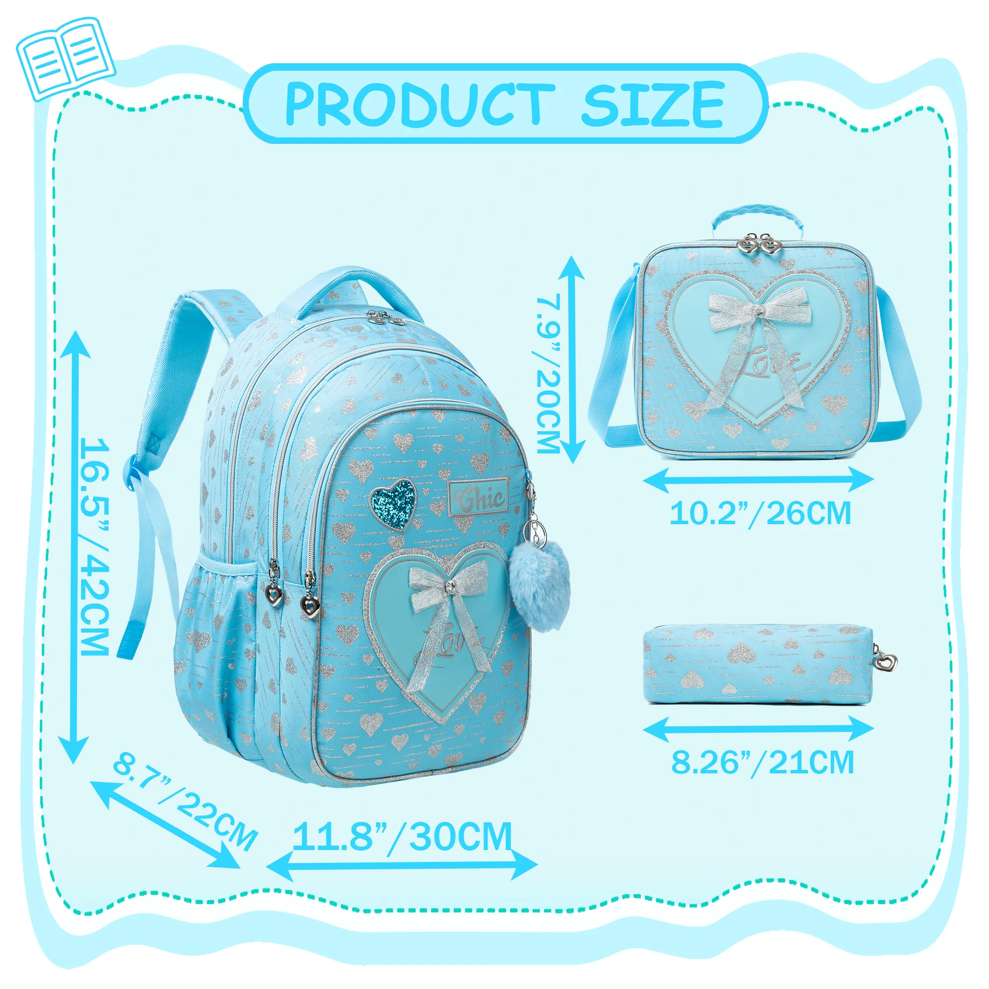 New Bowknot Ribbon Backpack Girls Backpack with Lunch Bag and Pen Bag for Elementary School for Picnic Travel Best Gift