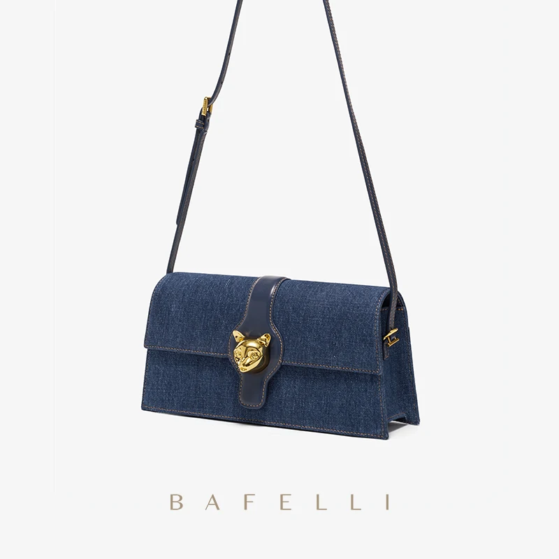 BAFELLI CAT 2023 NEW WOMEN'S BAG LUXURY BRAND FASHION RETRO STYLE DENIM TRENDING SHOULDER CLUTCH FEMALE LEATHER FLAP PURSE