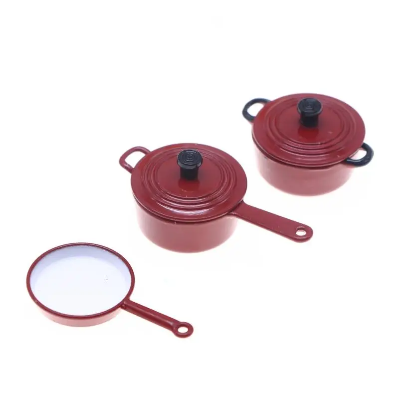 Juego de utensilios de cocina en miniatura, accesorios para casa de muñecas, ollas y sartenes esmaltados de aleación 1:12, Mini Kit de juego de cocina para juego, 3 uds.