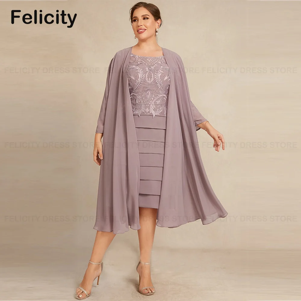 

Plus Size Two Piece Mother of the Bride Dresses 2023 Sheath Scoop Knee-Length Chiffon Wedding Guest Dresses فستان حفلات الزفاف