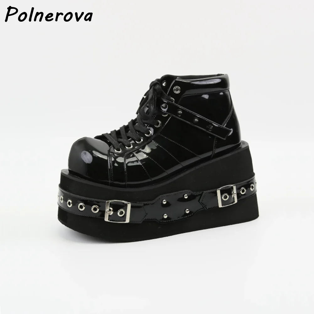 

Spiked Buckle Platform Wedge Sneakers Women Gothic Punk High Top Ankle Boots Patent Leather Solid Rivet Dark Style Shoes