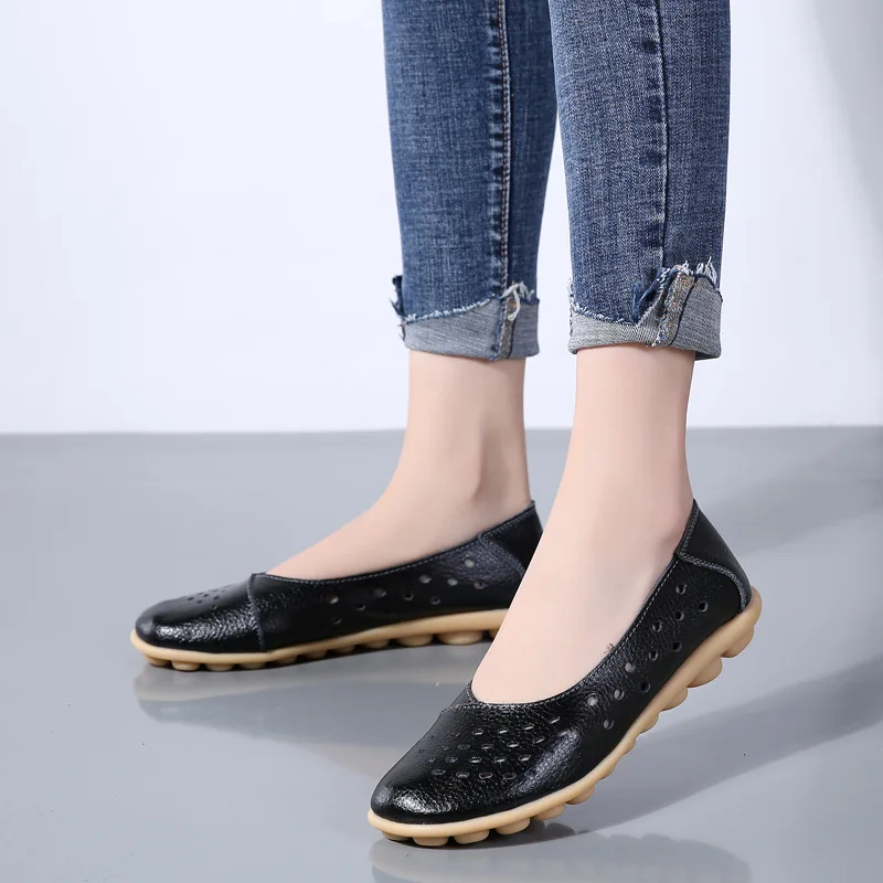 Genuine Leather Women Flats New Cut-Outs Summer Shoes Woman Hollow Women's Loafers Female Solid Shoe Large Size35-44