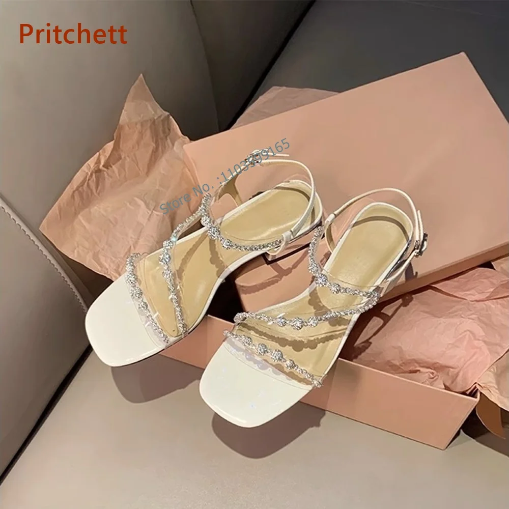 

Square Toe Crystal Sandals Chunky Heel String Bead Buckle Strap Slingback Women's Shoes Summer Comfortable Lovely Dress Shoes